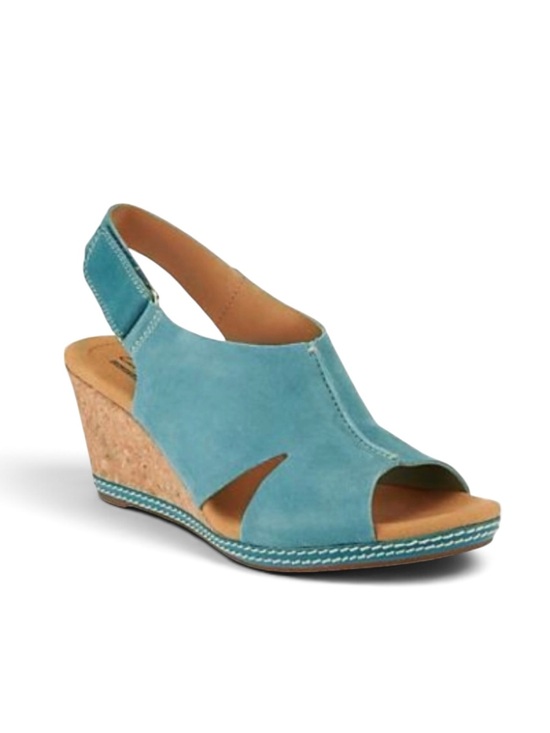 Clarks Shoes - Clark’s Helio Float Cork Wedge Sandal in Teal Suede Size 9